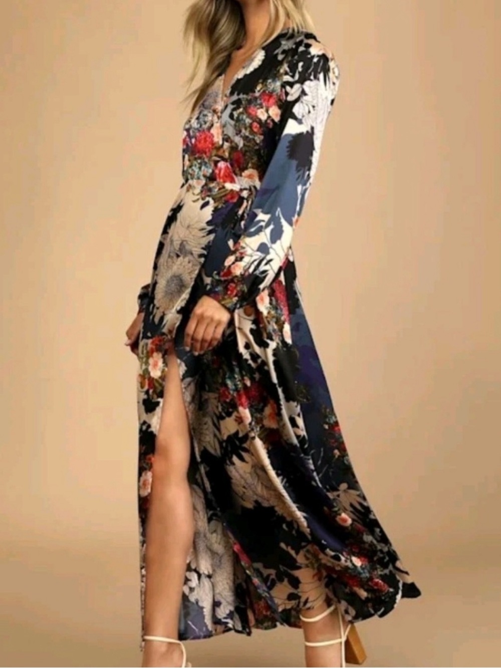 Lulus Put On A Smile Blue Multi Floral Satin Wrap Flowy Maxi Dress size M